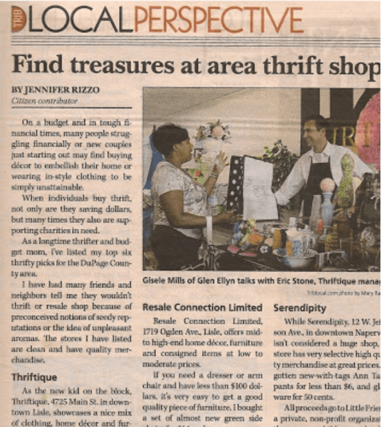A finally published newspaper clipping discusses local thrift shopping, featuring a photo of two women, Gisele Mills and Eric Stone, talking in a thrift store aisle lined with various items by Jennifer Rizzo