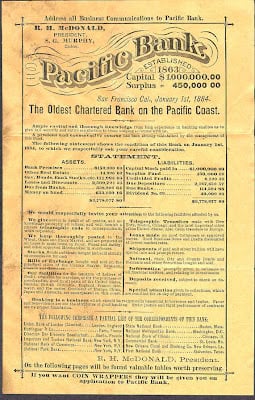 A vintage yellowed flyer from Pacific Bank, San Francisco, dated January 1, 1884, details assets and liabilities—its style reminiscent of decoupage old books—announcing it as the oldest chartered bank on the Pacific Coast.