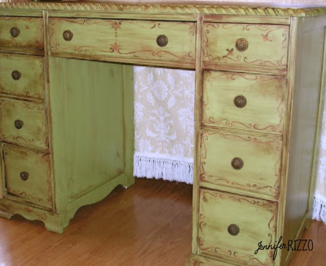 Sage green painted desk to look vintage Jennifer Rizzo
