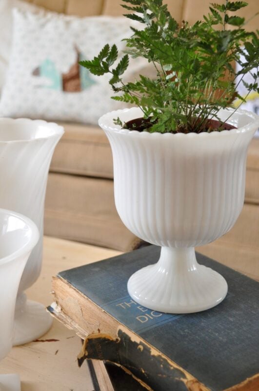 A white ceramic vase with a fern plant sits on top of a stack of old books in front of a beige couch.