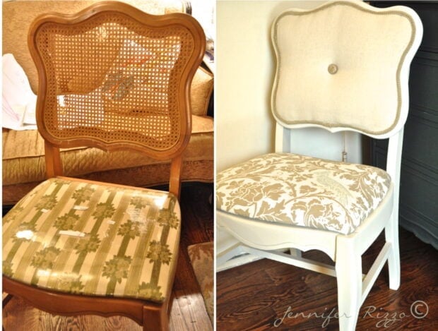 Side-by-side comparison of a chair before and after reupholstering; the left shows a brown cane chair with patterned seat, while the right highlights modernizing an old cane back chair with tufting, fresh fabric, and white paint.