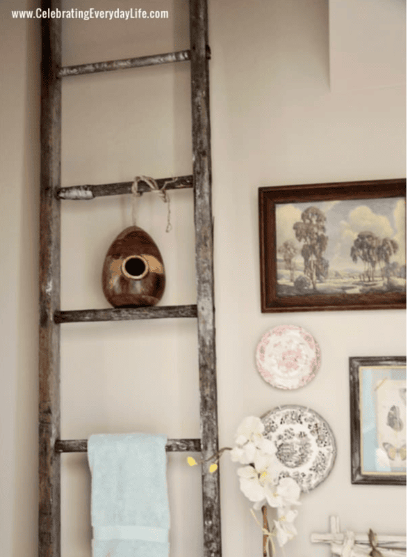 A rustic wooden ladder leans against a wall, decorating a powder room with a gourd, blue towel, framed pictures, plates, and a white orchid below.
