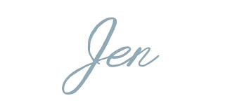 The word "Jen" written in light blue cursive script on a white background, evoking the calm tones of mulched sedum in the garden.