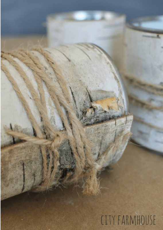 Close-up of rustic DIY birch bark vases made from tin cans wrapped in birch bark and twine, with a matching can in the background on a brown surface. The text "CITY FARMHOUSE" appears in the corner.