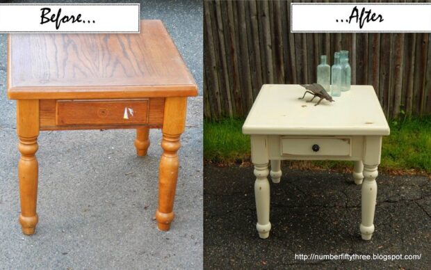 Side-by-side comparison of a small table's transformation. Before: wooden table with drawer, worn finish. After: a painted, distressed side table makeover, decoratively staged with bottles and a small bird figure.