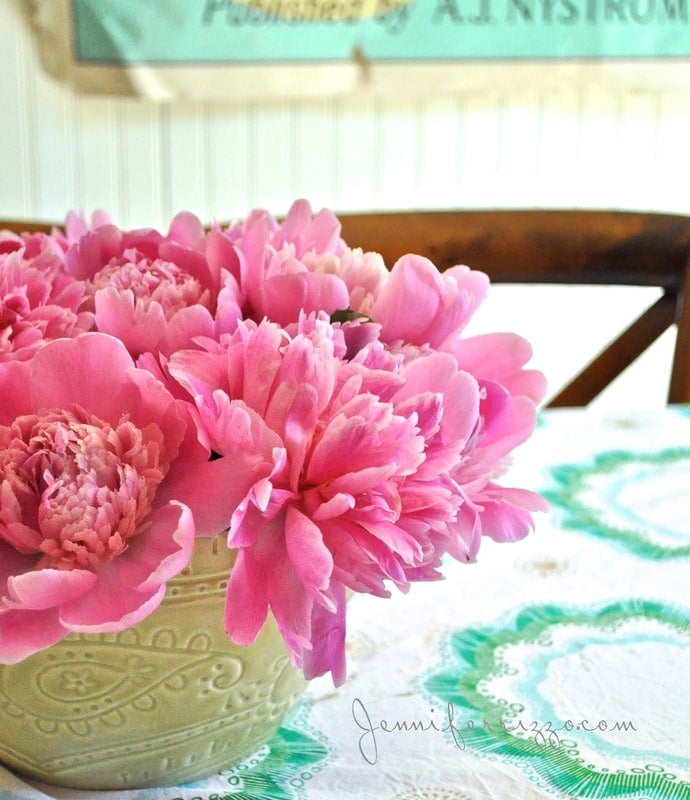 Use a thrift store bowl to hold peonies