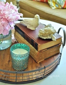 A tray showcasing two old books, a bird figurine, a geode, a teal candle, and pink flowers in a jar awaits discovery on the table—a charming vignette from an inviting home tour.