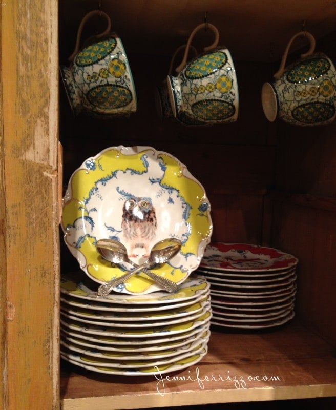 Stacked decorative plates with an Anthropologie-inspired owl design, two crossed spoons, and patterned mugs hanging in a wooden cabinet.
