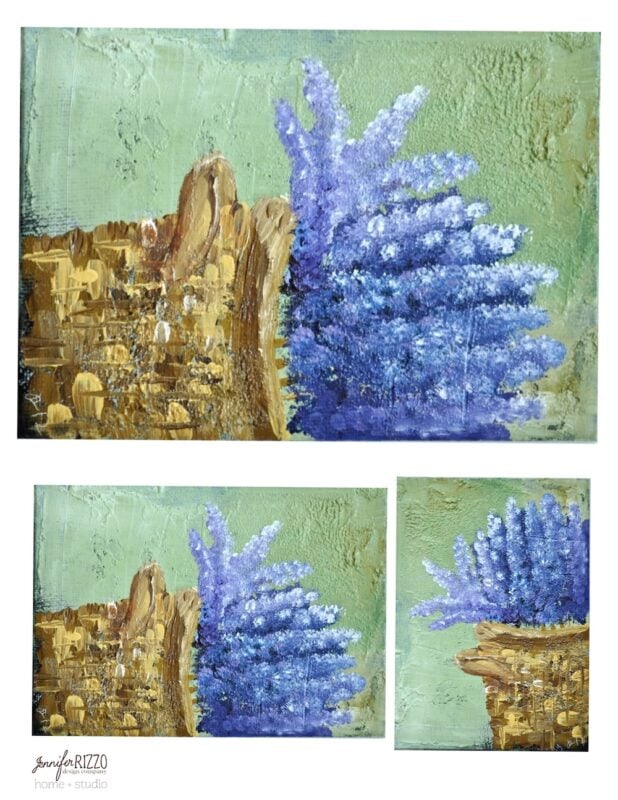 Textured painting of a rustic brown wooden fence with purple lavender flowers against a green background, shown from three different angles. This Free Basket of Lavender Art Printable adds a charming countryside touch to any space.
