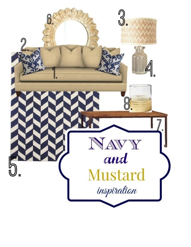 Collage of navy and mustard-themed room decor featuring a beige sofa, circular mirror, lamp, side table, chevron rug, patterned pillow, wooden coffee table, and candle holder.