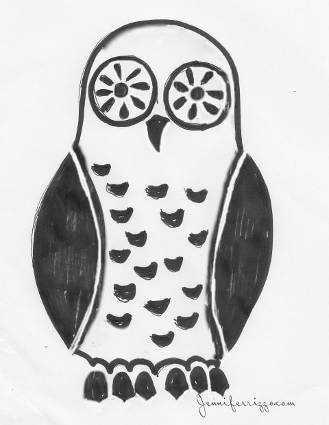 A black and white sketch captures an owl silhouette with large circular eyes and ornate feather patterns.