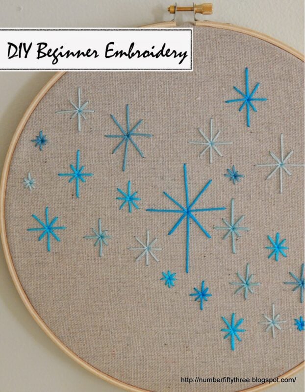 Embroidery hoop showcasing various shades of blue star patterns on beige fabric, with the text "Easy DIY Beginner Embroidery Project" at the top.