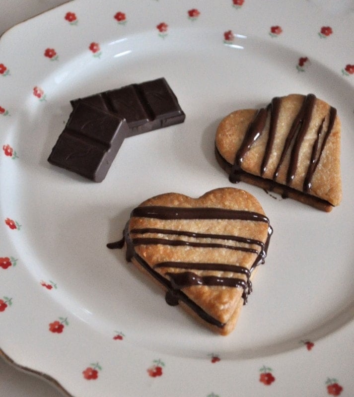 A plate with two heart-shaped pie crust cookies drizzled with chocolate and two pieces of dark chocolate. The plate has a floral pattern around the edge.