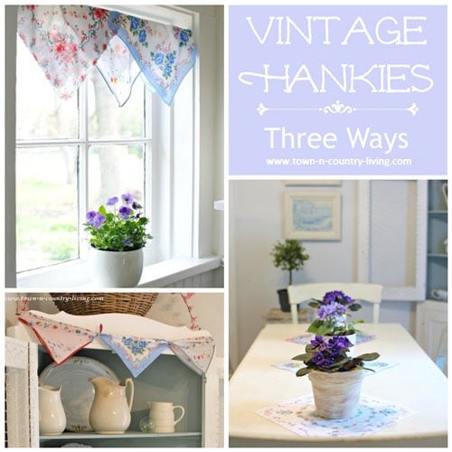 Upcycling Vintage Handkerchiefs In Everyday Decor.Collage featuring vintage handkerchiefs repurposed as window valances and table covers, accented by potted purple flowers for charming cottage-style kitchen decor.
