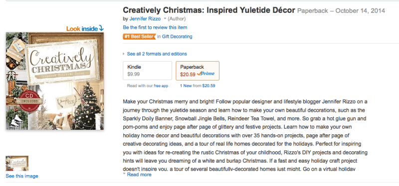 Screenshot of an Amazon product page featuring a book titled "Creatively Christmas: Inspired Yuletide Décor" by Jennifer Rizzo, showcasing effective marketing for authors with a "Look inside" preview section and options to purchase in Kindle and Paperback formats.