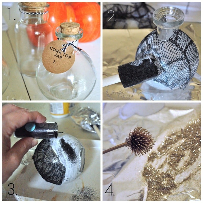 Four-step DIY tutorial for Halloween bottles: 1) Cork top jar. 2) Cover jar with black lace netting. 3) Apply glue and black glitter for a decoupage effect. 4) Coat spiky sphere with glue, ready for gold glitter.