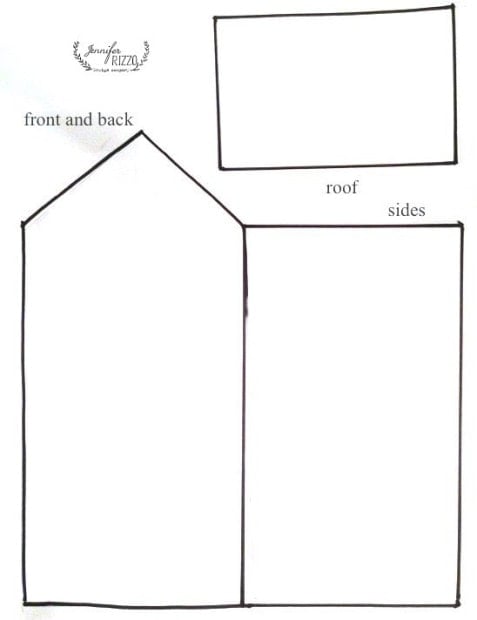 Template for a 3D holiday house with labeled sections: front and back, sides, and roof.