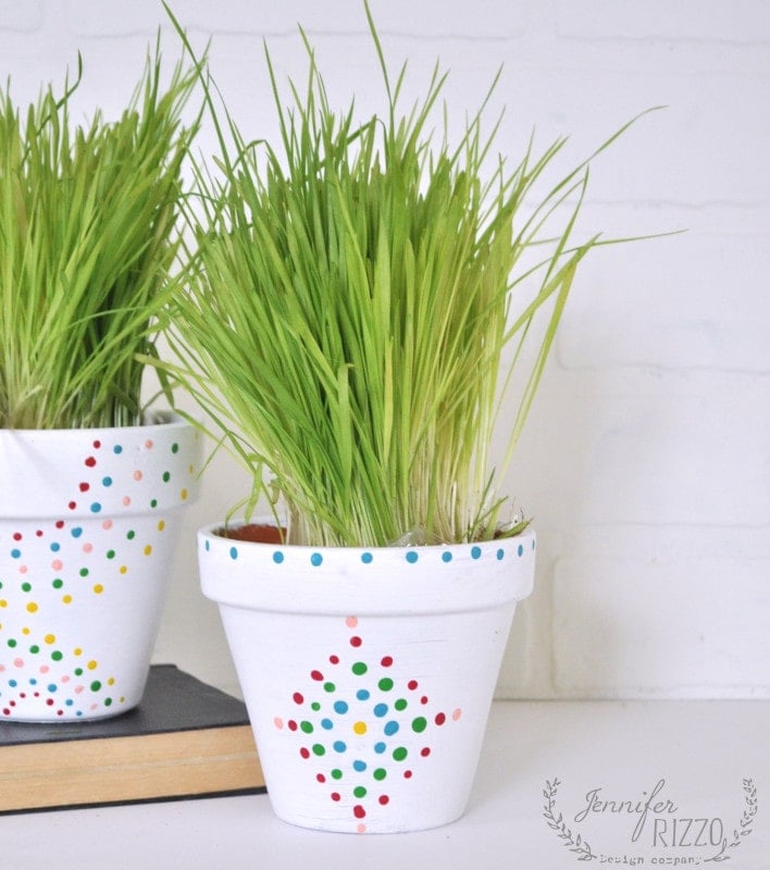 Two paint dot flower pots with colorful dotted patterns hold tall green grass, sitting on a book against a white background.