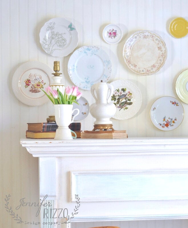 Vintage plates and tea cups for mantle decor