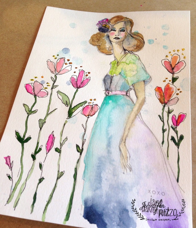 Watercolor illustration of a woman in a pastel dress standing among tall pink flowers, inspired by the soft colors and delicate brushstrokes seen at the Michaels Makers Summit 2016 at Carmel Valley Ranch.