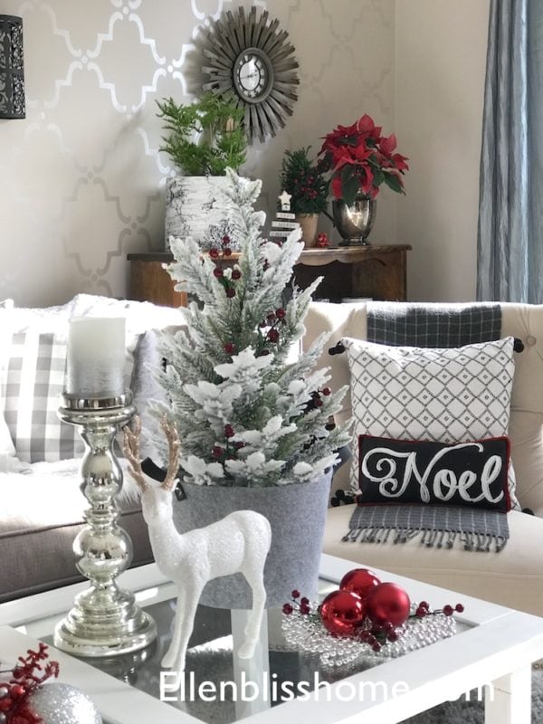 Winter and Christmas coffee table display with deer and tree