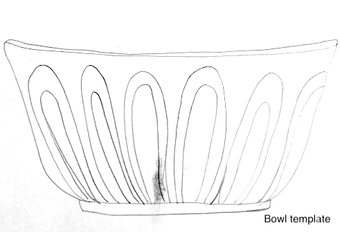 Line drawing of a bowl template featuring an oval repeating pattern along the sides and the text "Bowl template" in the bottom right corner, perfect for creating cut paper still life wall art.