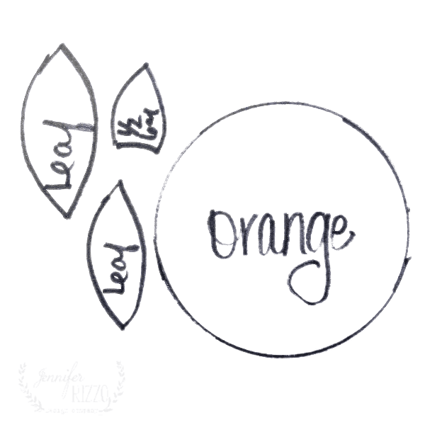 Hand-drawn outlines of three leaf shapes labeled "leaf," a small leaf labeled "tiny," and one large circle labeled "orange" create a charming cut paper still life wall art effect.