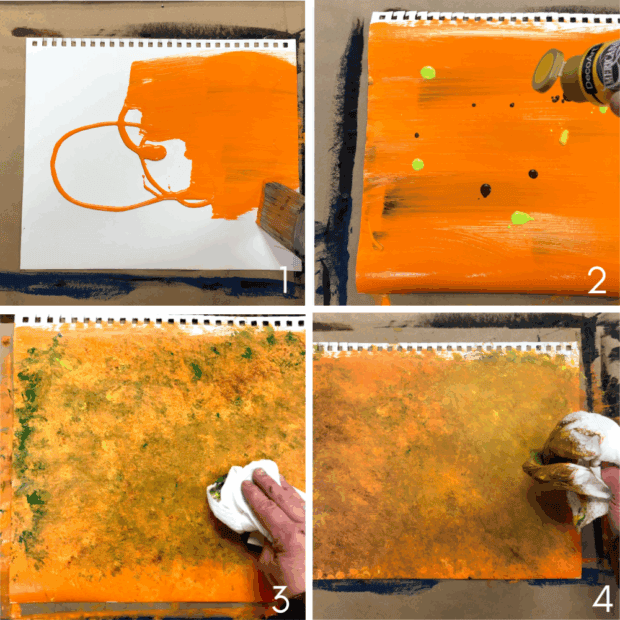 Four-step painting process: brushing orange paint, adding colored drops, dabbing with a cloth, and blending for a textured effect—ideal for creating cut paper still life wall art on paper.