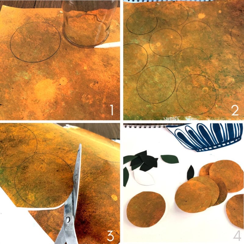 A four-step collage shows tracing circles on orange paper with a jar, cutting them out, and arranging pieces to create cut paper still life wall art with circles and leaves on a surface.