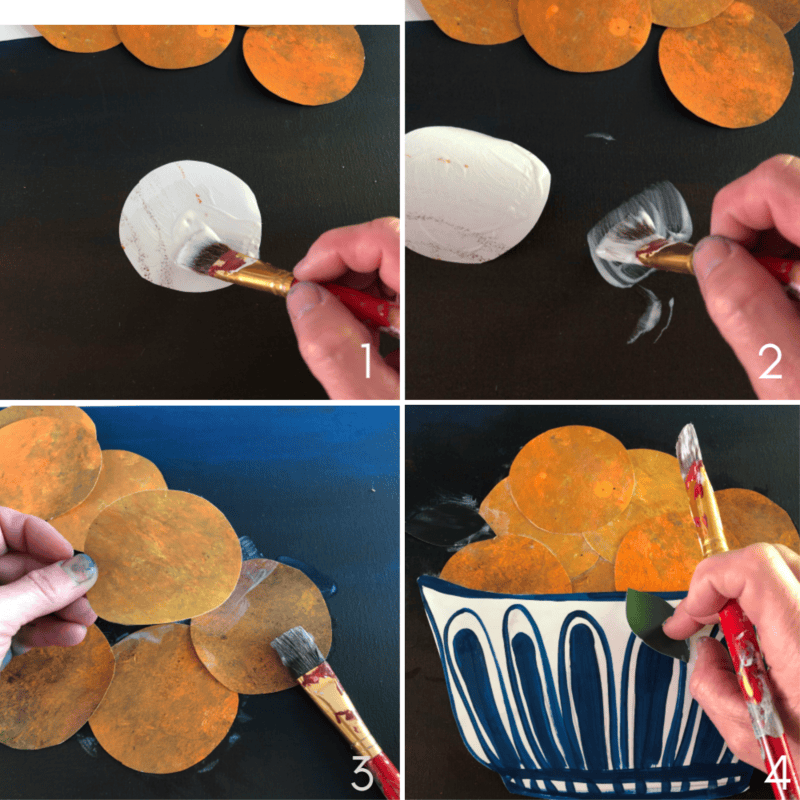 Step-by-step collage tutorial: painting white glue on paper, arranging orange circles, and assembling them into a blue-and-white vase illustration for unique cut paper still life wall art. Create A Cut Paper Decoupage Orange Still Life Canvas