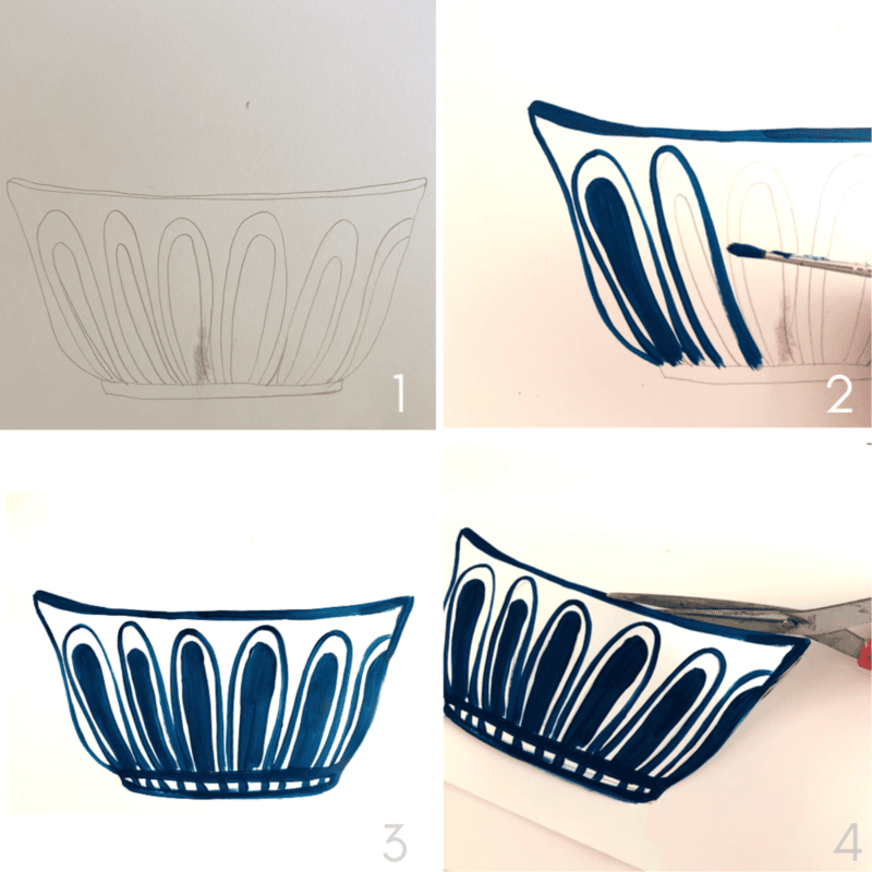 A four-step process showing how to create cut paper still life wall art of a decorative bowl: start with a pencil sketch, add blue paint, outline the design, and finally cut the image out for display.