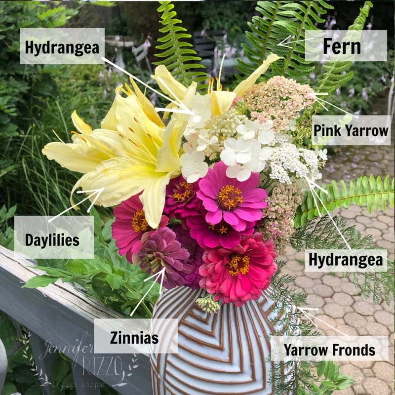 A vase with a bouquet of labeled flowers and plants—hydrangea, fern, pink yarrow, daylilies, zinnias, and yarrow fronds—outdoors on a patio inspires you to make backyard bouquets.