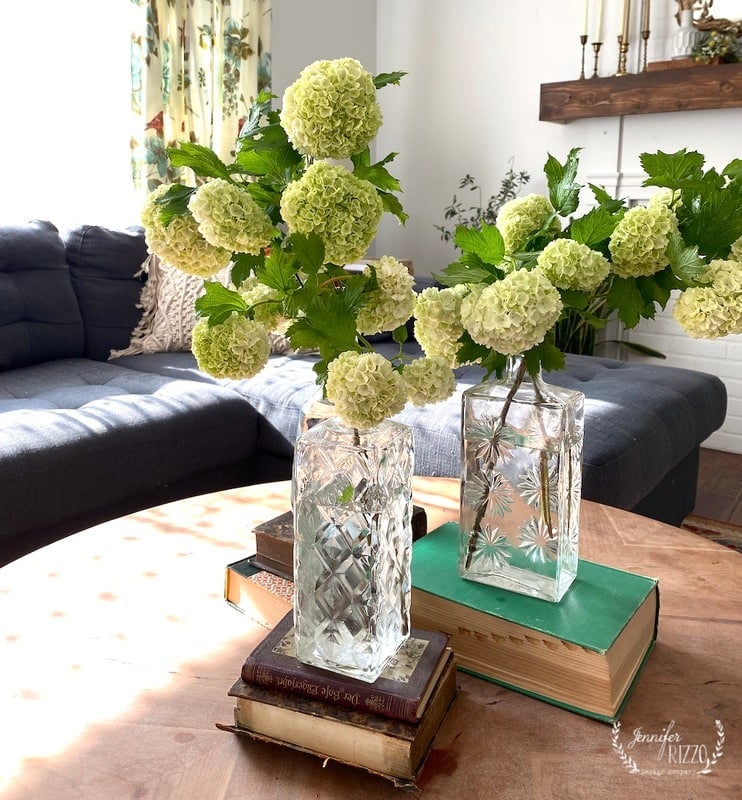 Coffee table display idea with vintage crystal decanters