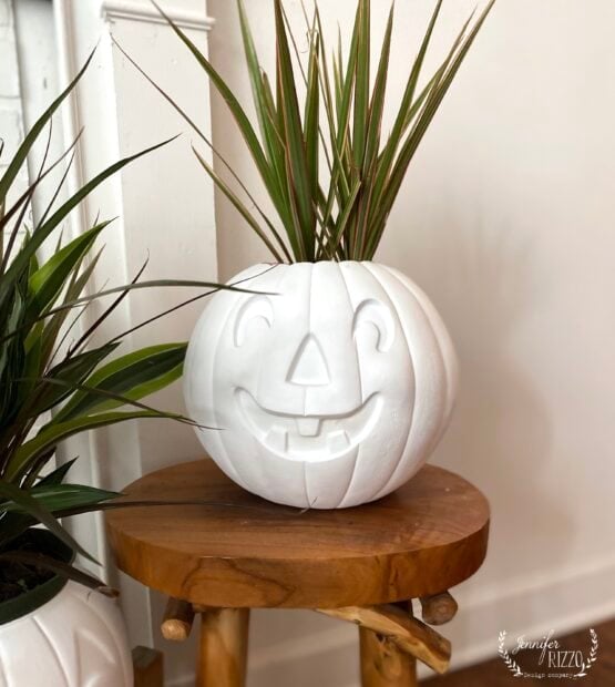 Plastic pumpkins painted as planters