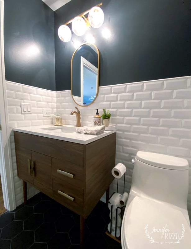 MCM inspired wood vanity in bathroom