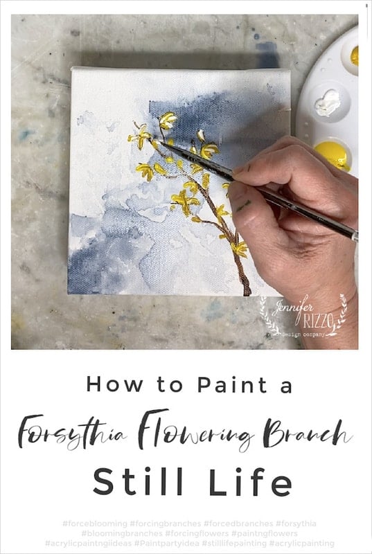 A hand intricately paints vibrant yellow flowers on a branch against a clouded background, captioned "Learn how to paint a forsythia flowering branch still life.