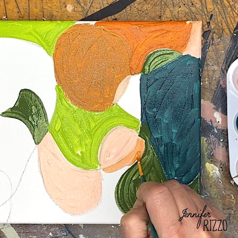 A hand creates easy line fill abstract art, painting green, orange, and peach shapes on a canvas. A paint palette and the signature "Jennifer Rizzo" appear in the bottom right corner.