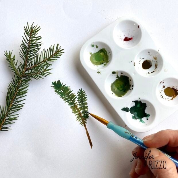 How to paint a pine tree branch in watercolor on mixed media paper