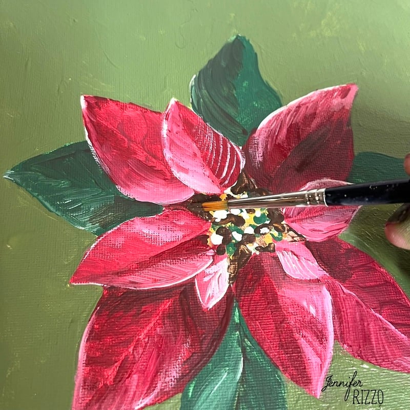 Use burnt umber paint to darken the inside of the poinsettia flower while How to Paint a Poinsettia Flower acrylic painting