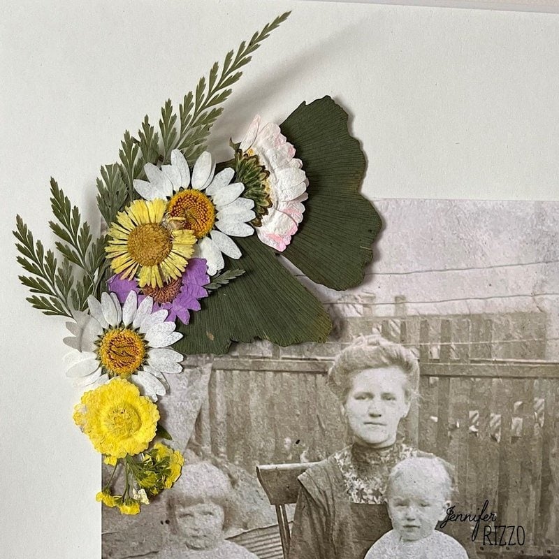 Pressed flowers and greenery are arranged on the corner of a vintage black-and-white photograph of a seated woman and children in front of a wooden fence, creating the perfect inspiration to make a framed dried flower vintage photo collage.