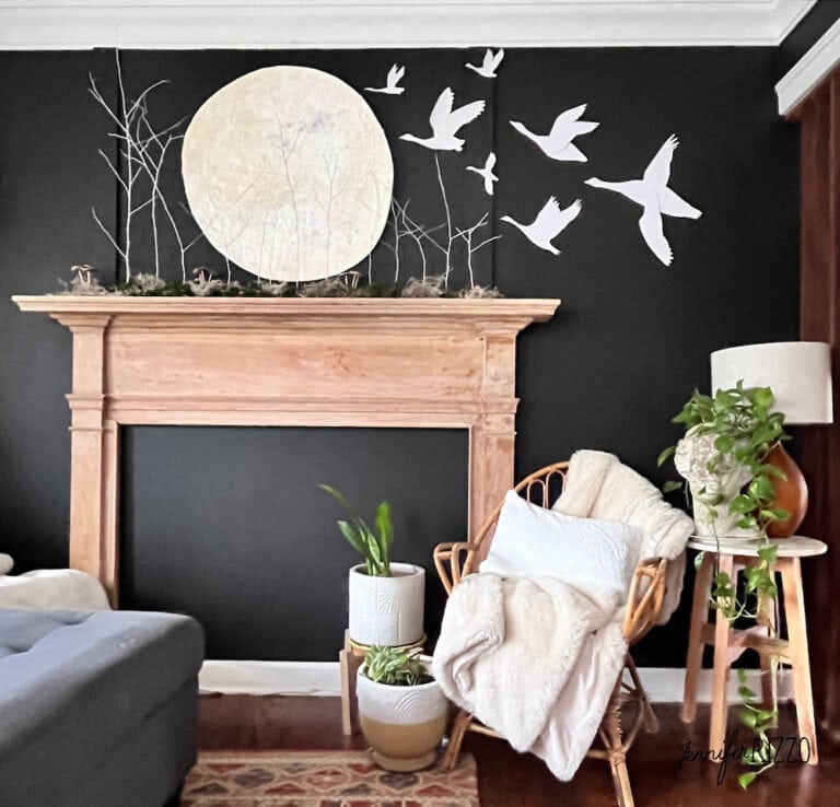 Flying geese on wall and moon faux fireplace display