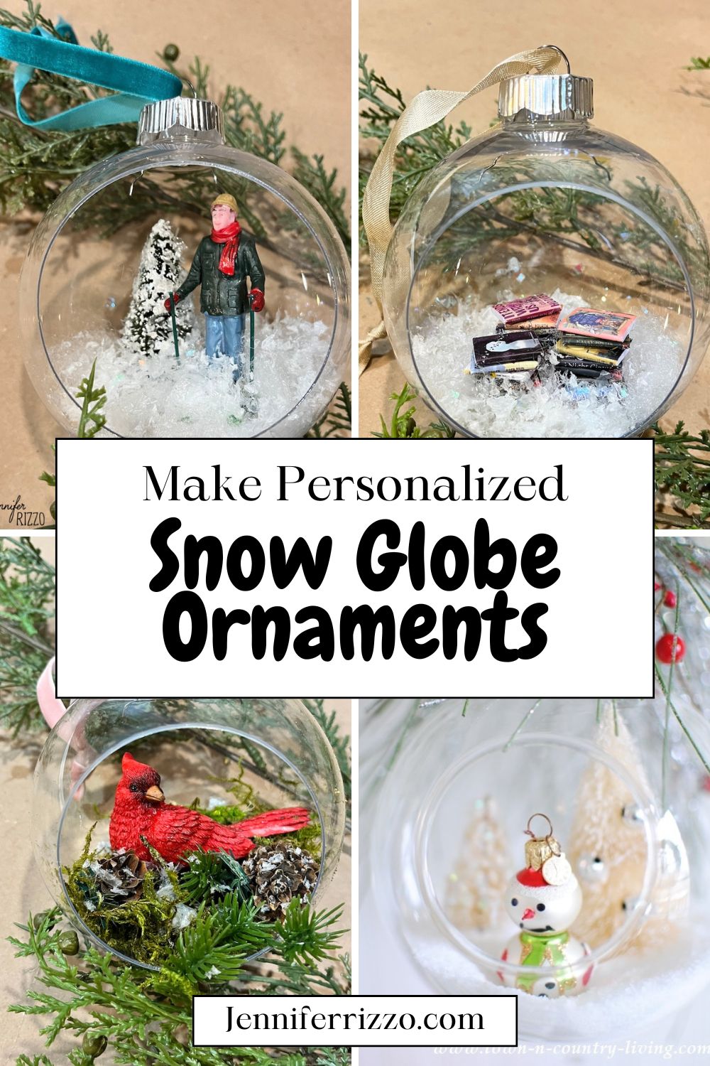 Four personalized DIY hanging snow globe ornaments, each featuring a winter-themed miniature scene: a person with a dog, a stack of books, a red cardinal, and a snowman with pinecones.