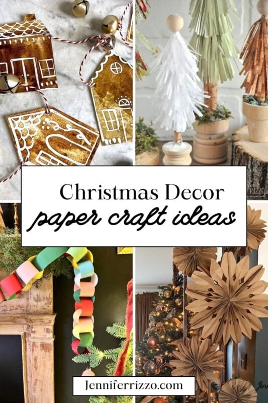 Collage of Amazing and Easy Christmas Craft Paper Ideas, featuring gingerbread ornaments, paper trees, a paper chain garland on a mantel, and large paper stars on a beautifully decorated Christmas tree.