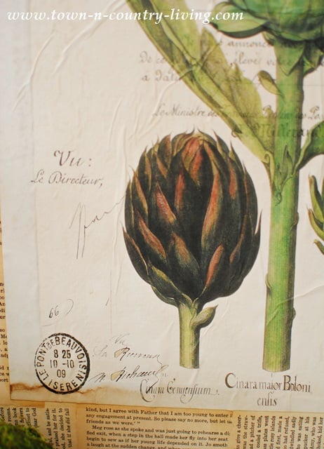 Vintage botanical illustration of an artichoke with handwritten notes and a French postal stamp, overlaid on a textured background and partial book text—a charming piece perfect for DIY botanical art lovers.