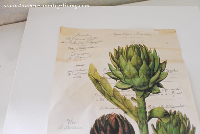 A DIY botanical art illustration of artichokes is printed over a vintage French document, set on a white background.