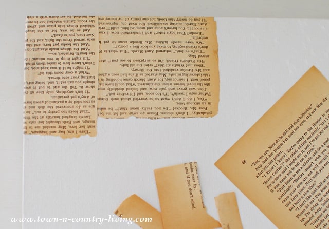 Pieces of torn, yellowed book pages are arranged on a white surface, with visible text and overlapping edges—perfect for inspiring your next DIY botanical art project. Website watermark is in the bottom left corner.