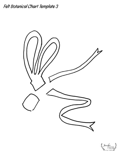 Black and white outline drawing titled "Felt Botanical Chart Template 3" depicting shapes resembling detached ribbons and a leaf on a white background, perfect for adding a touch of Creatively Christmas charm to your festive projects.
