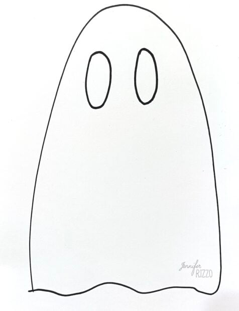 Simple line drawing of a ghost with two oval-shaped eyes on a white background.