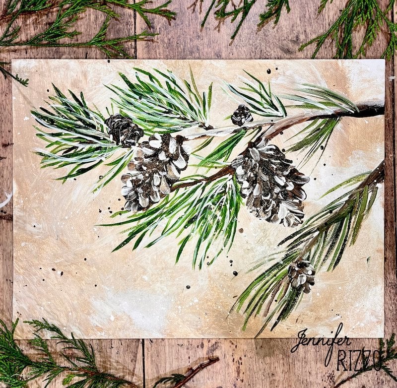 A painting of a pine branch with green needles and brown pine cones set on a textured beige background. Signature at the bottom right.