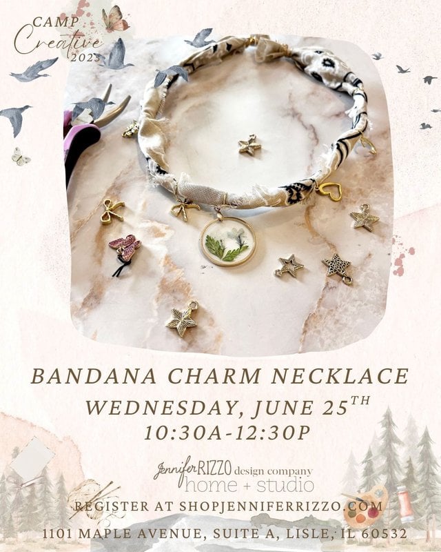 A fabric bandana necklace with assorted charms is displayed on a white surface. Text details a necklace workshop on June 25th, 10:30 AM–12:30 PM at Jennifer Rizzo Design Company.